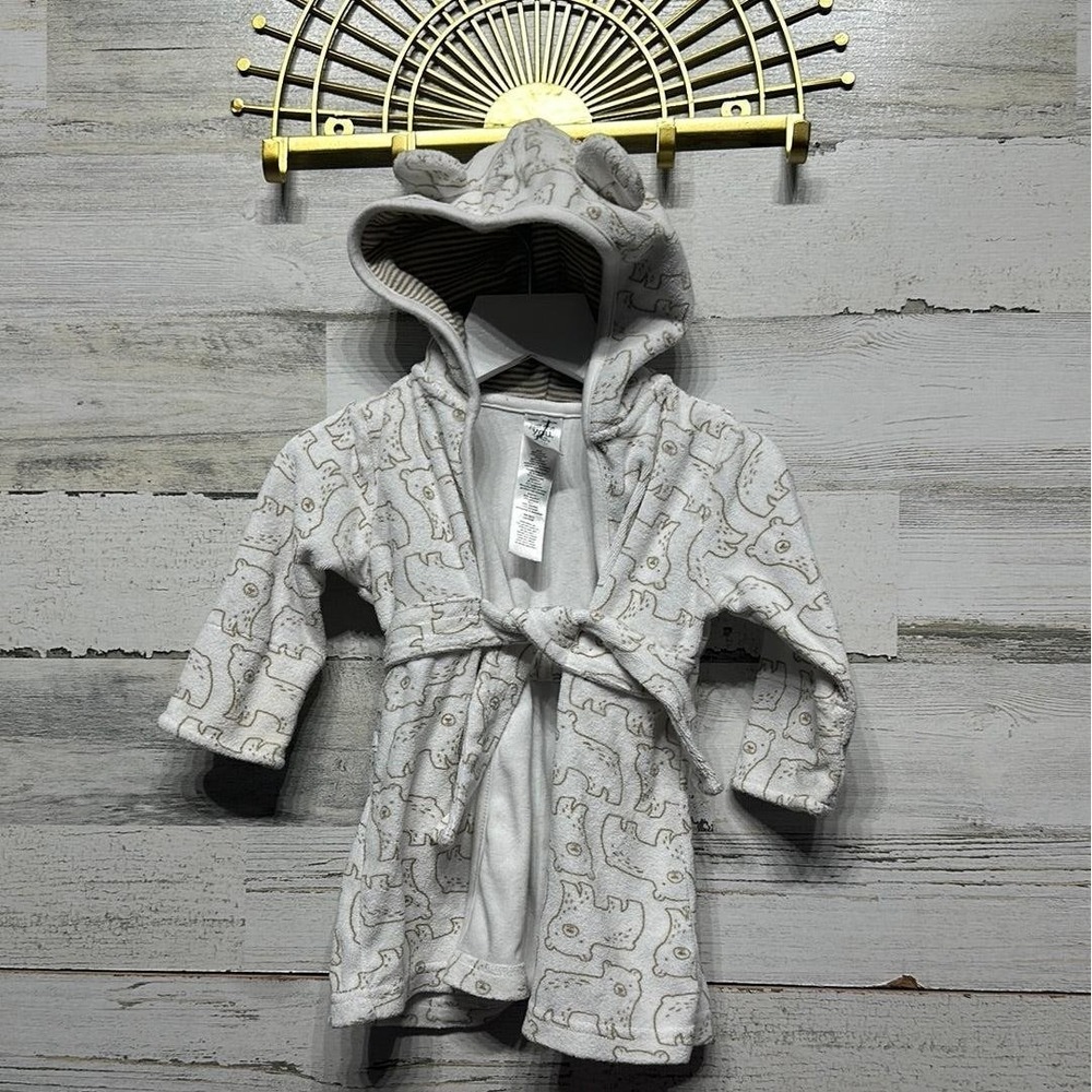 Just One You Hooded Terry Bear Robe Boys 0-9m White Tan Animal Print EUC